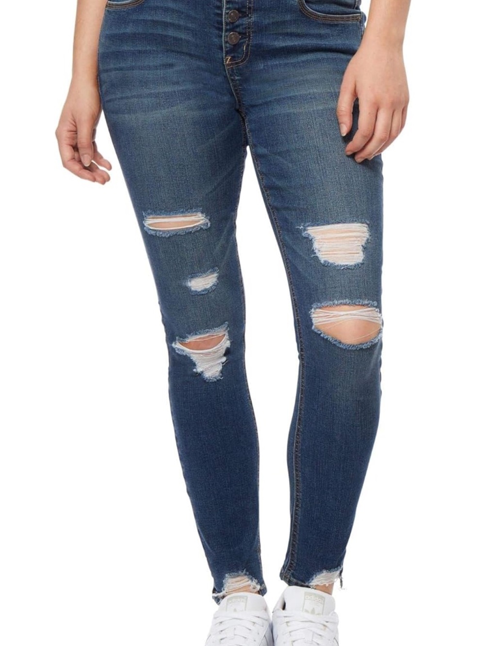 Wallflower Dark Blue Distressed Curvy Fit High-Rise Skinny Jeans with Stretch